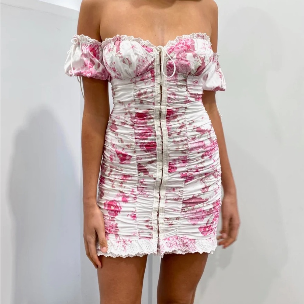 For Love & Lemons Ruched Floral bodycon Dress pink + white